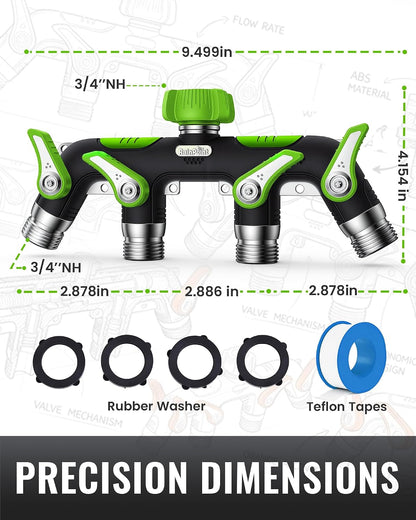 4 Way Garden Hose Splitter, 100% Metal Heavy Duty Water Hose Splitter with Individual Shut-Off Valves, 3/4" GHT High Flow Outdoor Faucet Splitter, 1.81" Extra Long Handle (Green)