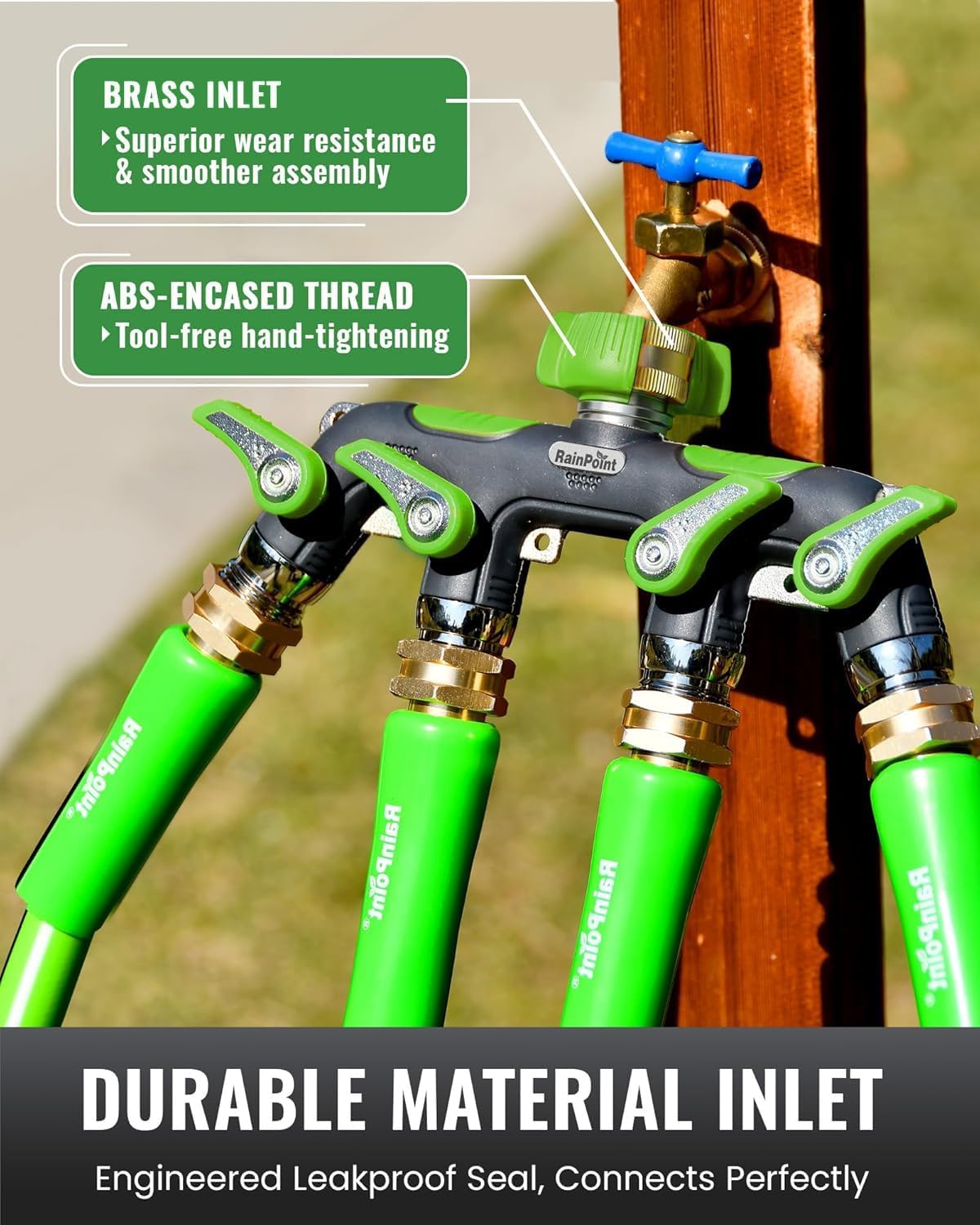 4 Way Garden Hose Splitter, 100% Metal Heavy Duty Water Hose Splitter with Individual Shut-Off Valves, 3/4" GHT High Flow Outdoor Faucet Splitter, 1.81" Extra Long Handle (Green)