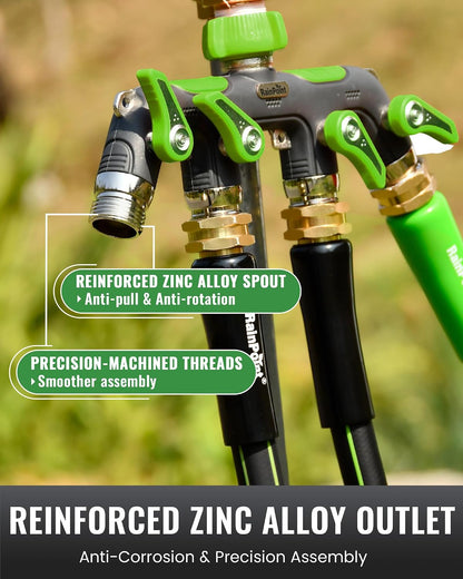 4 Way Garden Hose Splitter, 100% Metal Heavy Duty Water Hose Splitter with Individual Shut-Off Valves, 3/4" GHT High Flow Outdoor Faucet Splitter, 1.81" Extra Long Handle (Green)