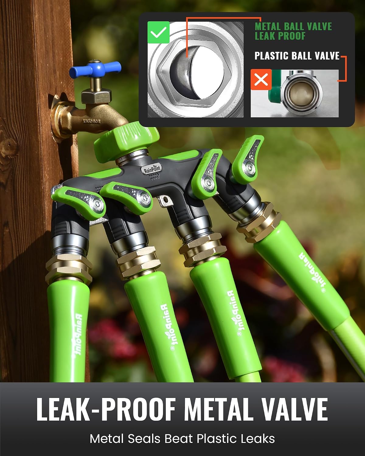 4 Way Garden Hose Splitter, 100% Metal Heavy Duty Water Hose Splitter with Individual Shut-Off Valves, 3/4" GHT High Flow Outdoor Faucet Splitter, 1.81" Extra Long Handle (Green)