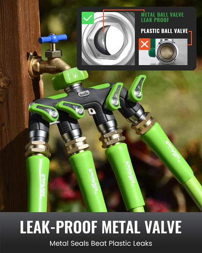 4 Way Garden Hose Splitter, 100% Metal Heavy Duty Water Hose Splitter with Individual Shut-Off Valves, 3/4" GHT High Flow Outdoor Faucet Splitter, 1.81" Extra Long Handle (Green)