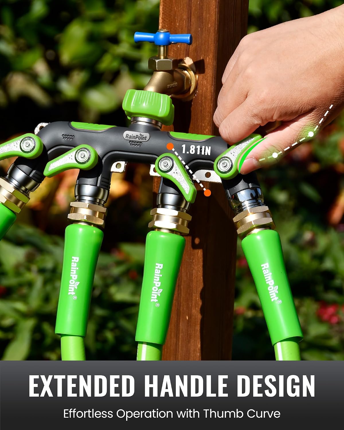 4 Way Garden Hose Splitter, 100% Metal Heavy Duty Water Hose Splitter with Individual Shut-Off Valves, 3/4" GHT High Flow Outdoor Faucet Splitter, 1.81" Extra Long Handle (Green)