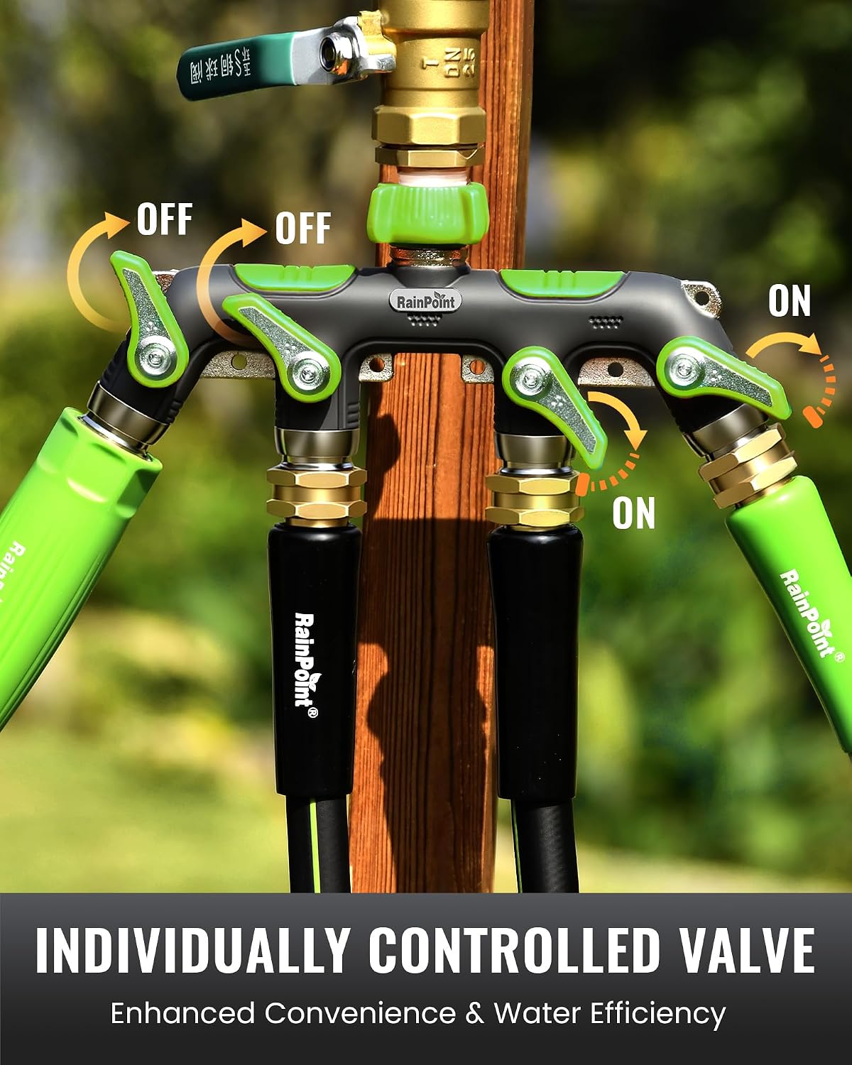 4 Way Garden Hose Splitter, 100% Metal Heavy Duty Water Hose Splitter with Individual Shut-Off Valves, 3/4" GHT High Flow Outdoor Faucet Splitter, 1.81" Extra Long Handle (Green)