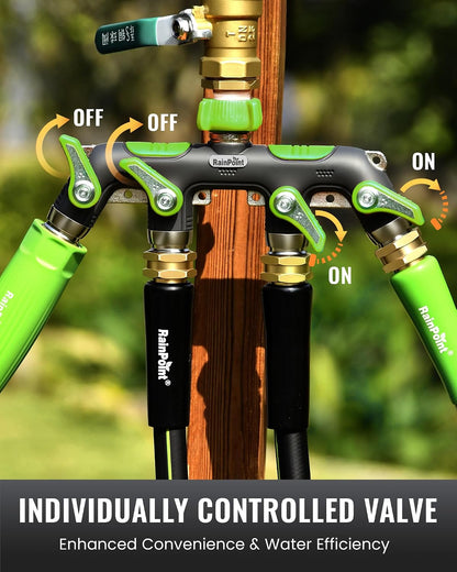 4 Way Garden Hose Splitter, 100% Metal Heavy Duty Water Hose Splitter with Individual Shut-Off Valves, 3/4" GHT High Flow Outdoor Faucet Splitter, 1.81" Extra Long Handle (Green)