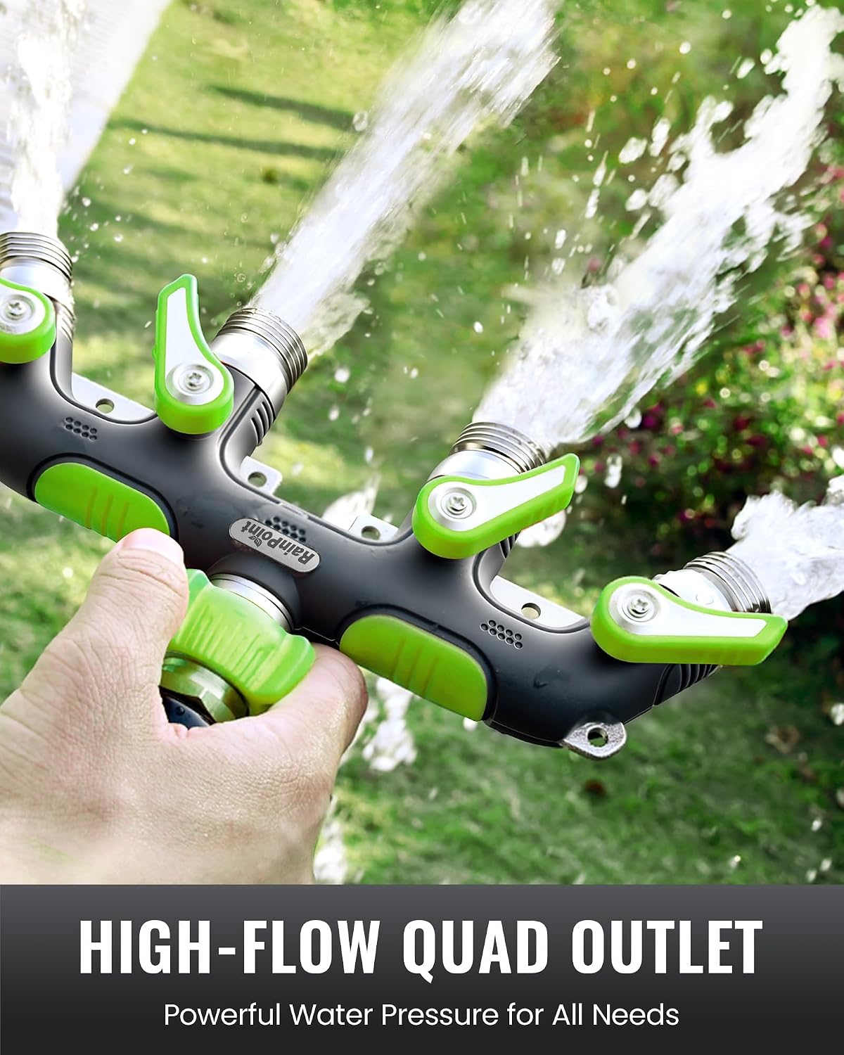 4 Way Garden Hose Splitter, 100% Metal Heavy Duty Water Hose Splitter with Individual Shut-Off Valves, 3/4" GHT High Flow Outdoor Faucet Splitter, 1.81" Extra Long Handle (Green)