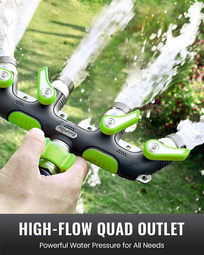 4 Way Garden Hose Splitter, 100% Metal Heavy Duty Water Hose Splitter with Individual Shut-Off Valves, 3/4" GHT High Flow Outdoor Faucet Splitter, 1.81" Extra Long Handle (Green)