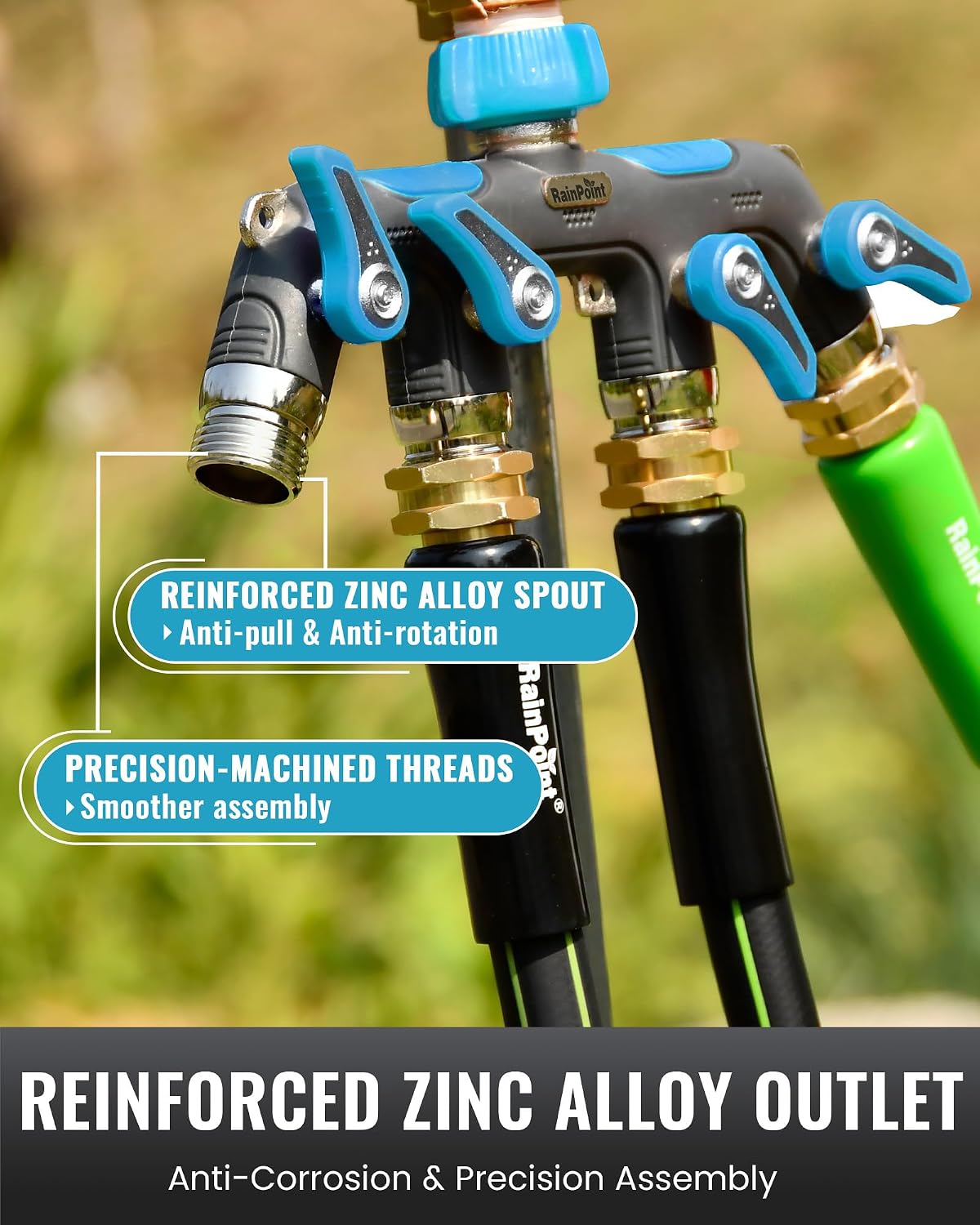 4 Way Garden Hose Splitter, 100% Metal Heavy Duty Water Hose Splitter with Individual Shut-Off Valves, 3/4" GHT High Flow Outdoor Faucet Splitter, 1.81" Extra Long Handle (Green)