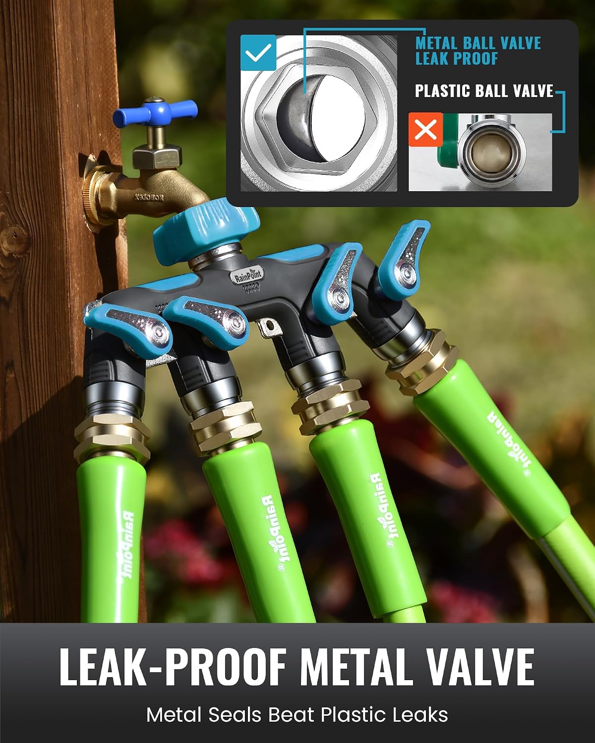 4 Way Garden Hose Splitter, 100% Metal Heavy Duty Water Hose Splitter with Individual Shut-Off Valves, 3/4" GHT High Flow Outdoor Faucet Splitter, 1.81" Extra Long Handle (Green)