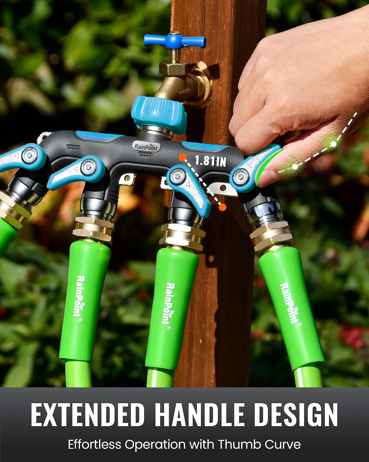 4 Way Garden Hose Splitter, 100% Metal Heavy Duty Water Hose Splitter with Individual Shut-Off Valves, 3/4" GHT High Flow Outdoor Faucet Splitter, 1.81" Extra Long Handle (Green)