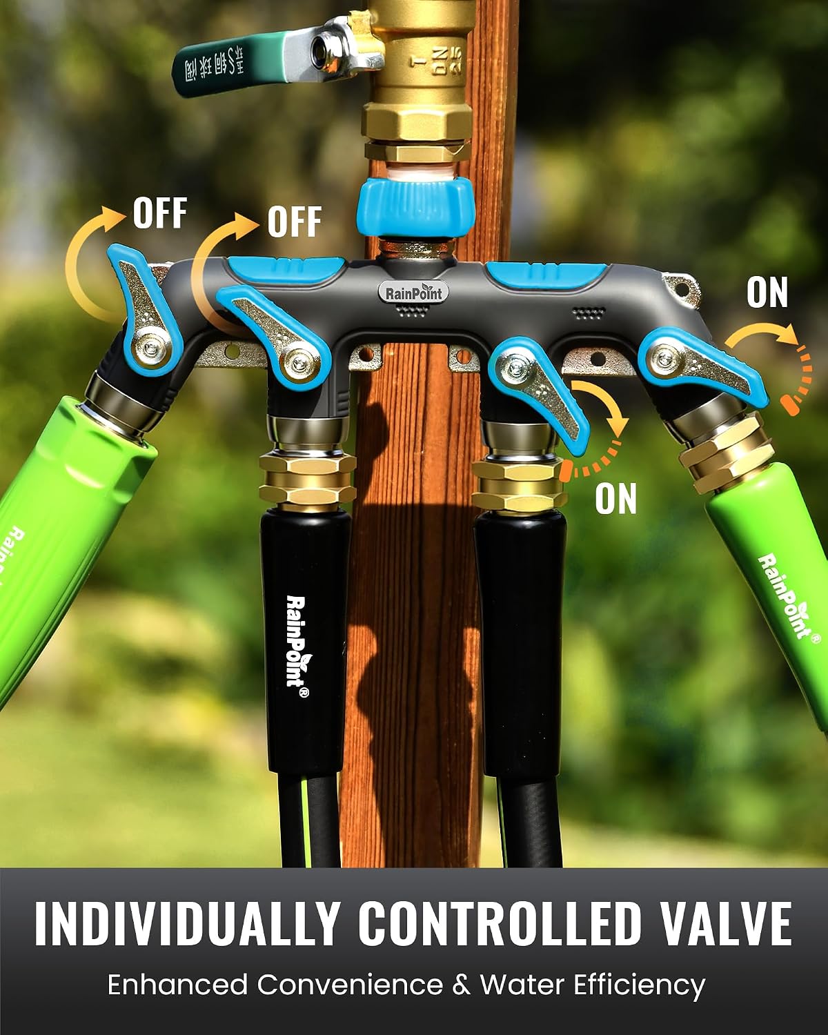 4 Way Garden Hose Splitter, 100% Metal Heavy Duty Water Hose Splitter with Individual Shut-Off Valves, 3/4" GHT High Flow Outdoor Faucet Splitter, 1.81" Extra Long Handle (Green)