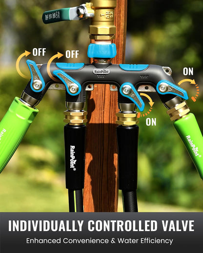 4 Way Garden Hose Splitter, 100% Metal Heavy Duty Water Hose Splitter with Individual Shut-Off Valves, 3/4" GHT High Flow Outdoor Faucet Splitter, 1.81" Extra Long Handle (Green)