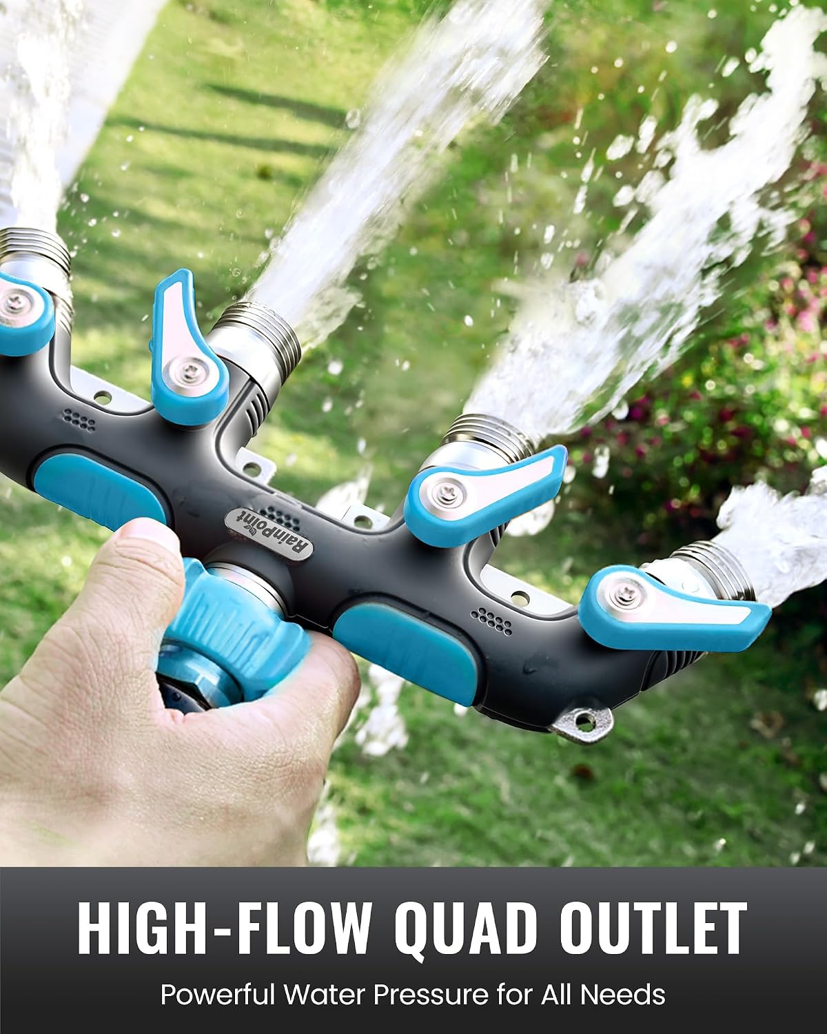 4 Way Garden Hose Splitter, 100% Metal Heavy Duty Water Hose Splitter with Individual Shut-Off Valves, 3/4" GHT High Flow Outdoor Faucet Splitter, 1.81" Extra Long Handle (Green)