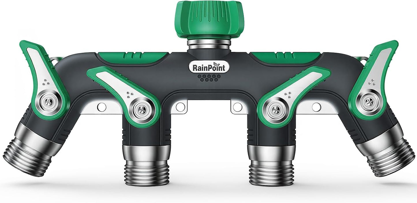4 Way Garden Hose Splitter, 100% Metal Heavy Duty Water Hose Splitter with Individual Shut-Off Valves, 3/4" GHT High Flow Outdoor Faucet Splitter, 1.81" Extra Long Handle (Green)
