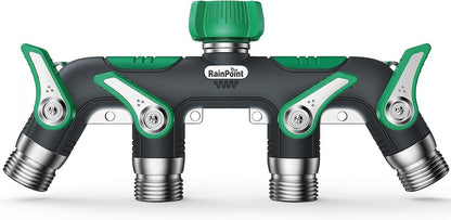 4 Way Garden Hose Splitter, 100% Metal Heavy Duty Water Hose Splitter with Individual Shut-Off Valves, 3/4" GHT High Flow Outdoor Faucet Splitter, 1.81" Extra Long Handle (Green)