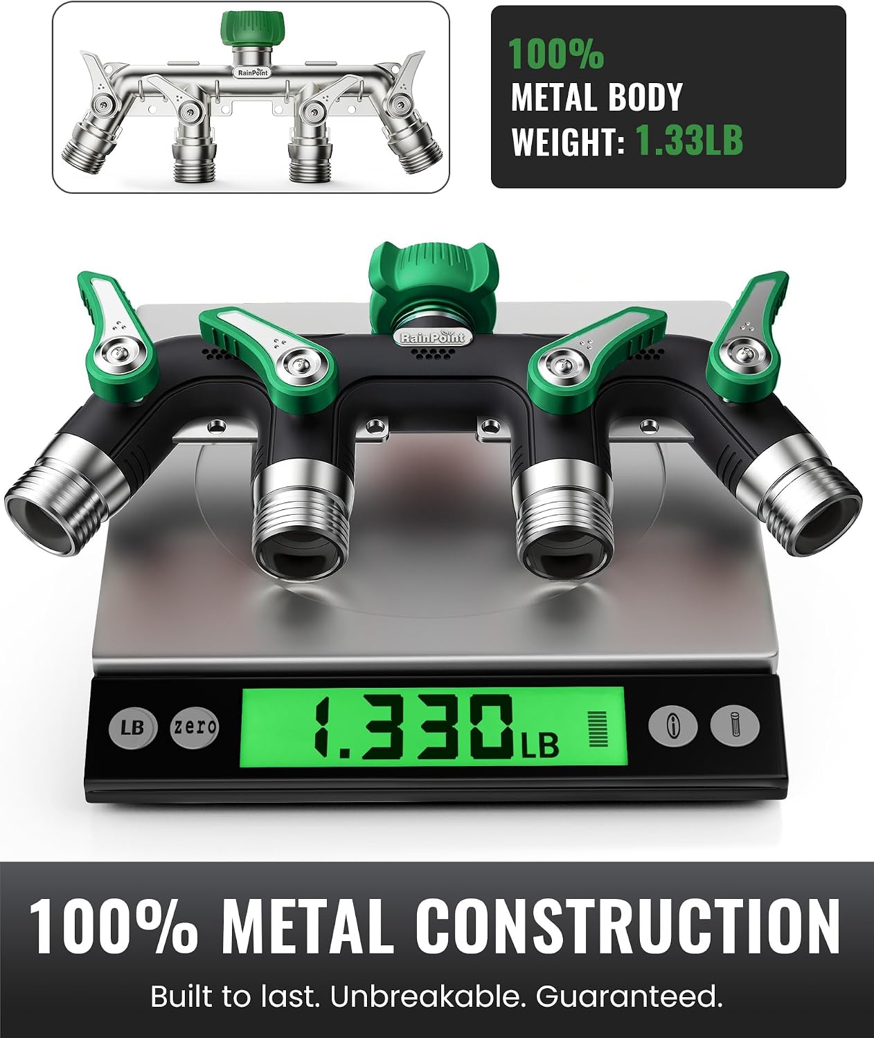 4 Way Garden Hose Splitter, 100% Metal Heavy Duty Water Hose Splitter with Individual Shut-Off Valves, 3/4" GHT High Flow Outdoor Faucet Splitter, 1.81" Extra Long Handle (Green)