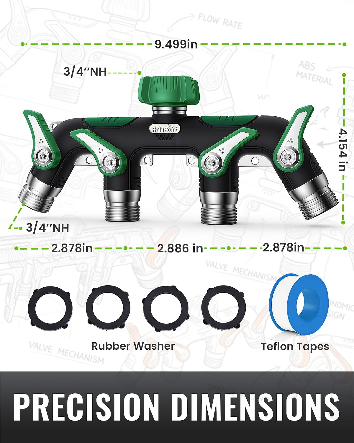 4 Way Garden Hose Splitter, 100% Metal Heavy Duty Water Hose Splitter with Individual Shut-Off Valves, 3/4" GHT High Flow Outdoor Faucet Splitter, 1.81" Extra Long Handle (Green)