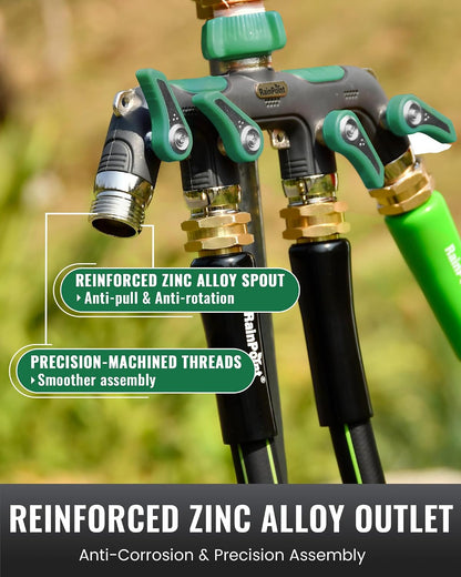 4 Way Garden Hose Splitter, 100% Metal Heavy Duty Water Hose Splitter with Individual Shut-Off Valves, 3/4" GHT High Flow Outdoor Faucet Splitter, 1.81" Extra Long Handle (Green)