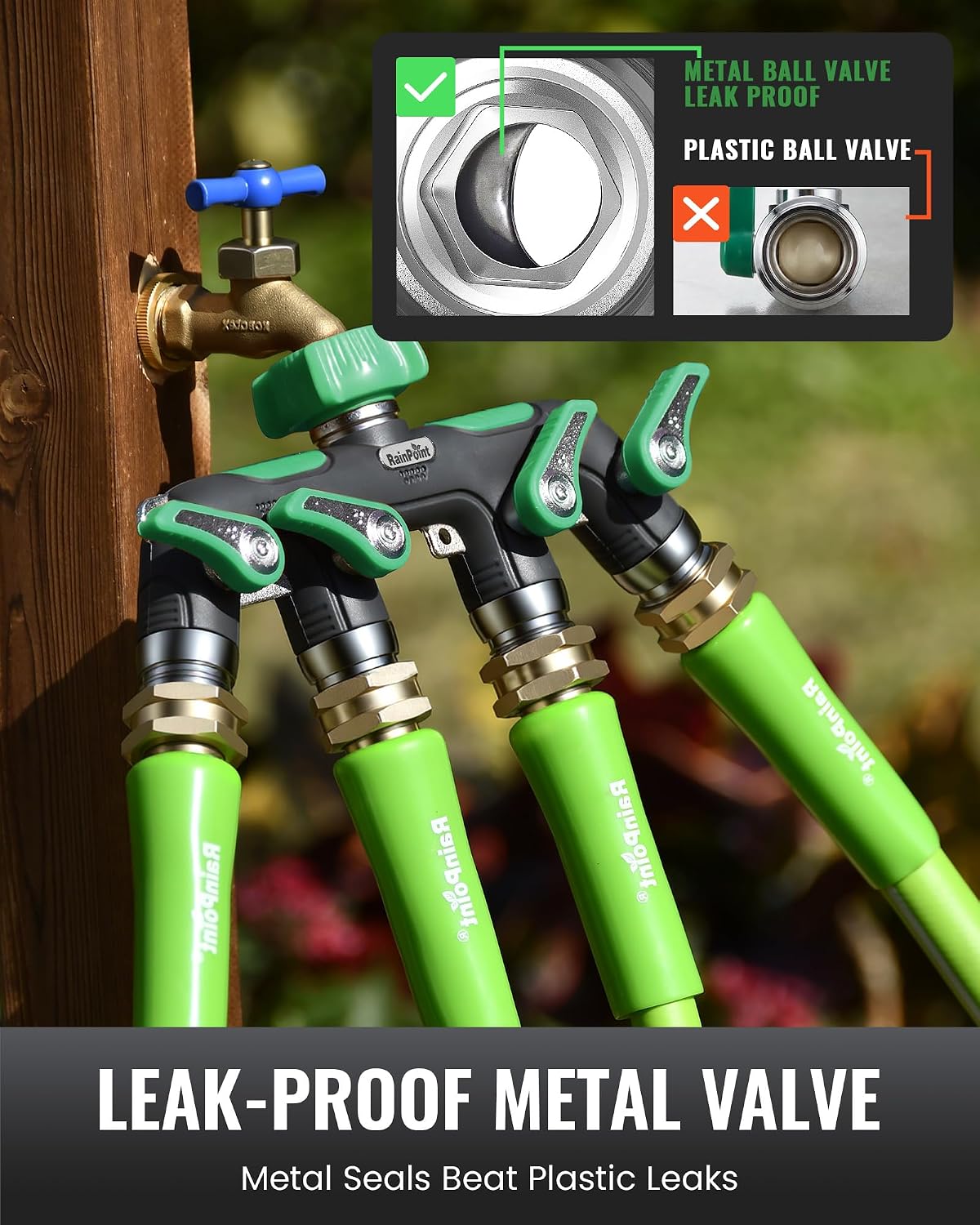 4 Way Garden Hose Splitter, 100% Metal Heavy Duty Water Hose Splitter with Individual Shut-Off Valves, 3/4" GHT High Flow Outdoor Faucet Splitter, 1.81" Extra Long Handle (Green)