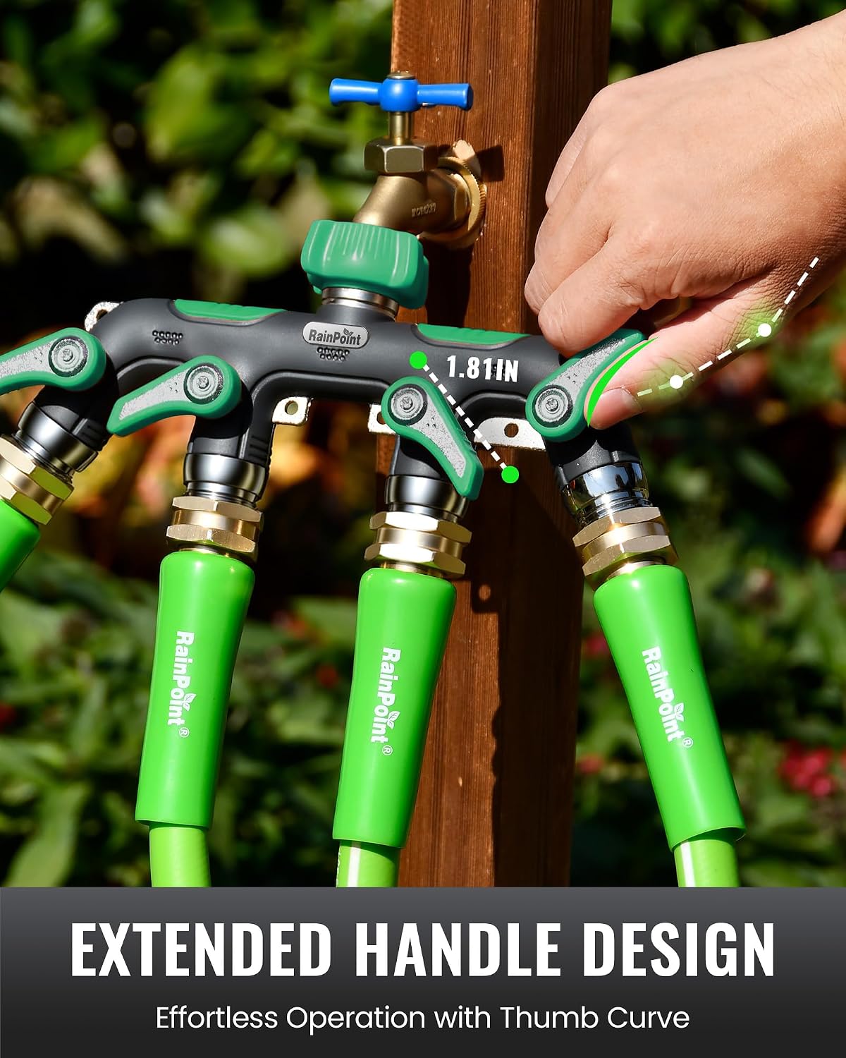 4 Way Garden Hose Splitter, 100% Metal Heavy Duty Water Hose Splitter with Individual Shut-Off Valves, 3/4" GHT High Flow Outdoor Faucet Splitter, 1.81" Extra Long Handle (Green)