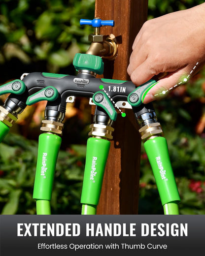 4 Way Garden Hose Splitter, 100% Metal Heavy Duty Water Hose Splitter with Individual Shut-Off Valves, 3/4" GHT High Flow Outdoor Faucet Splitter, 1.81" Extra Long Handle (Green)