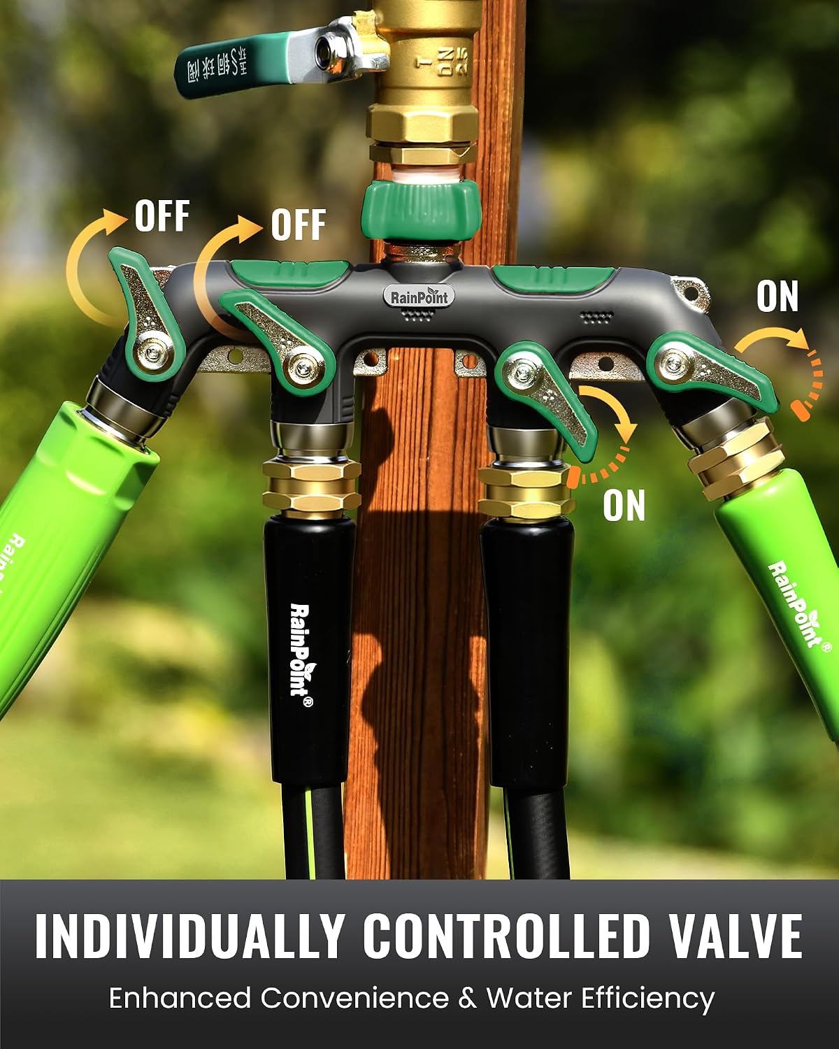 4 Way Garden Hose Splitter, 100% Metal Heavy Duty Water Hose Splitter with Individual Shut-Off Valves, 3/4" GHT High Flow Outdoor Faucet Splitter, 1.81" Extra Long Handle (Green)