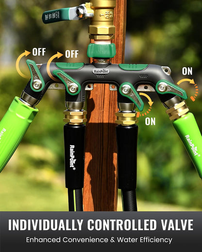 4 Way Garden Hose Splitter, 100% Metal Heavy Duty Water Hose Splitter with Individual Shut-Off Valves, 3/4" GHT High Flow Outdoor Faucet Splitter, 1.81" Extra Long Handle (Green)