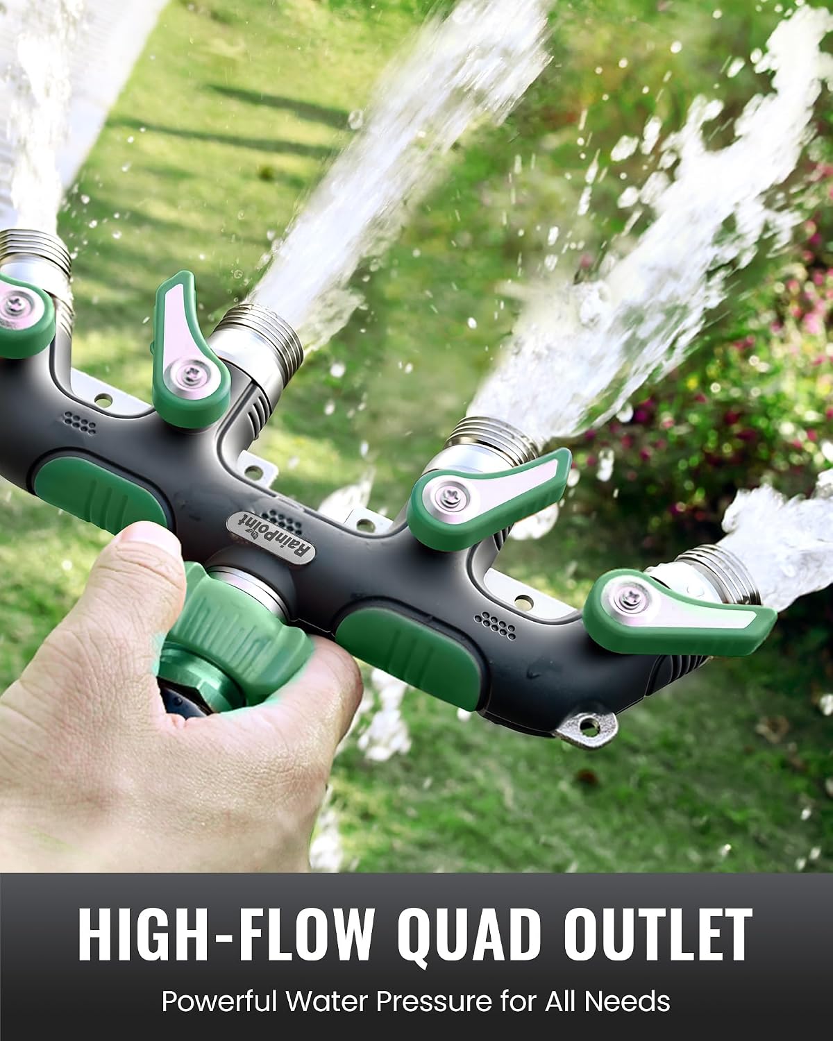 4 Way Garden Hose Splitter, 100% Metal Heavy Duty Water Hose Splitter with Individual Shut-Off Valves, 3/4" GHT High Flow Outdoor Faucet Splitter, 1.81" Extra Long Handle (Green)