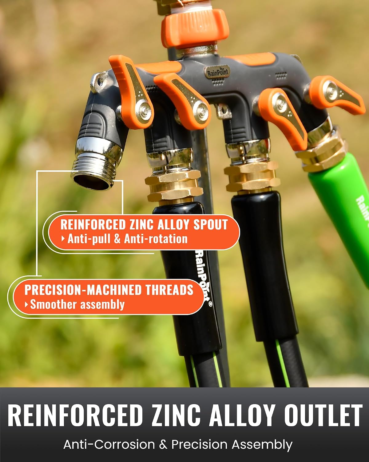 4 Way Garden Hose Splitter, 100% Metal Heavy Duty Water Hose Splitter with Individual Shut-Off Valves, 3/4" GHT High Flow Outdoor Faucet Splitter, 1.81" Extra Long Handle (Green)