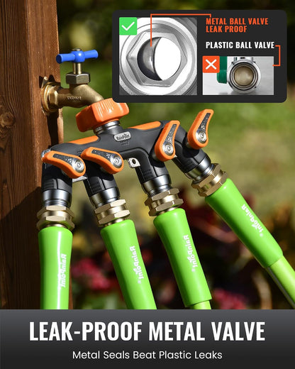 4 Way Garden Hose Splitter, 100% Metal Heavy Duty Water Hose Splitter with Individual Shut-Off Valves, 3/4" GHT High Flow Outdoor Faucet Splitter, 1.81" Extra Long Handle (Green)