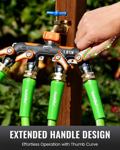 4 Way Garden Hose Splitter, 100% Metal Heavy Duty Water Hose Splitter with Individual Shut-Off Valves, 3/4" GHT High Flow Outdoor Faucet Splitter, 1.81" Extra Long Handle (Green)