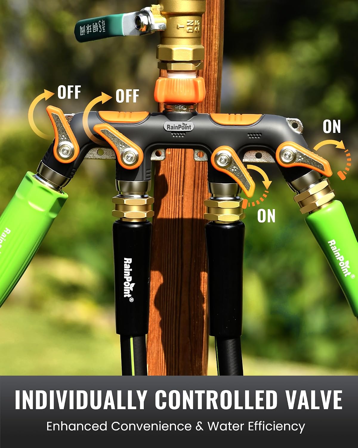 4 Way Garden Hose Splitter, 100% Metal Heavy Duty Water Hose Splitter with Individual Shut-Off Valves, 3/4" GHT High Flow Outdoor Faucet Splitter, 1.81" Extra Long Handle (Green)