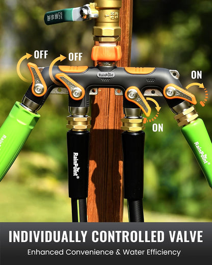 4 Way Garden Hose Splitter, 100% Metal Heavy Duty Water Hose Splitter with Individual Shut-Off Valves, 3/4" GHT High Flow Outdoor Faucet Splitter, 1.81" Extra Long Handle (Green)