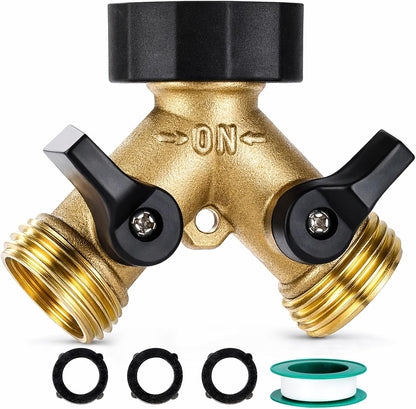 Brass Hose Splitter 2 Way, Heavy Duty Garden Hose Splitter with Shut Off Valves, Y Connector Hose Adapter, No Leak, Includes Washers & Teflon Tape –
