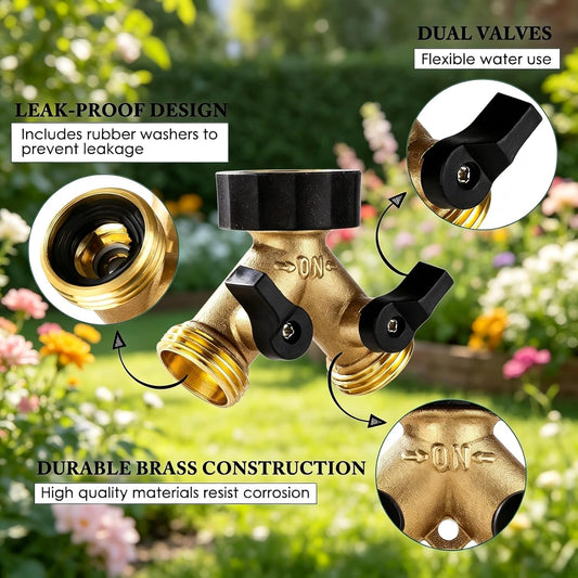 Brass Hose Splitter 2 Way, Heavy Duty Garden Hose Splitter with Shut Off Valves, Y Connector Hose Adapter, No Leak, Includes Washers & Teflon Tape –
