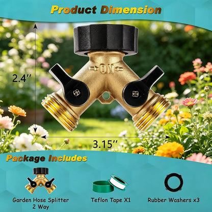 Brass Hose Splitter 2 Way, Heavy Duty Garden Hose Splitter with Shut Off Valves, Y Connector Hose Adapter, No Leak, Includes Washers & Teflon Tape –