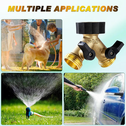 Brass Hose Splitter 2 Way, Heavy Duty Garden Hose Splitter with Shut Off Valves, Y Connector Hose Adapter, No Leak, Includes Washers & Teflon Tape –