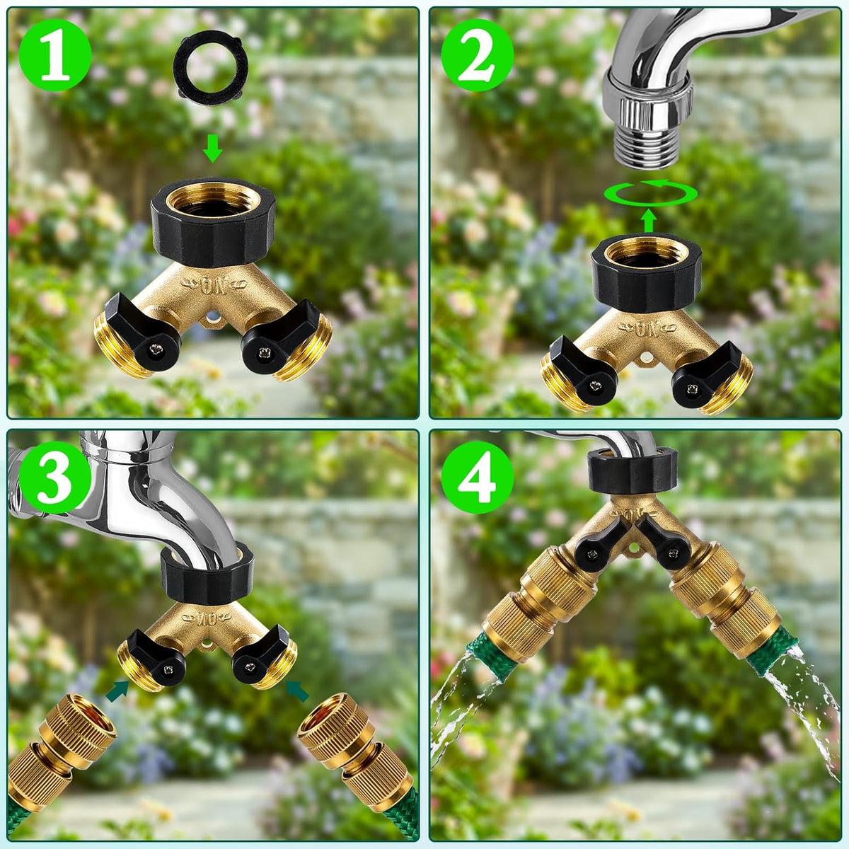 Brass Hose Splitter 2 Way, Heavy Duty Garden Hose Splitter with Shut Off Valves, Y Connector Hose Adapter, No Leak, Includes Washers & Teflon Tape –