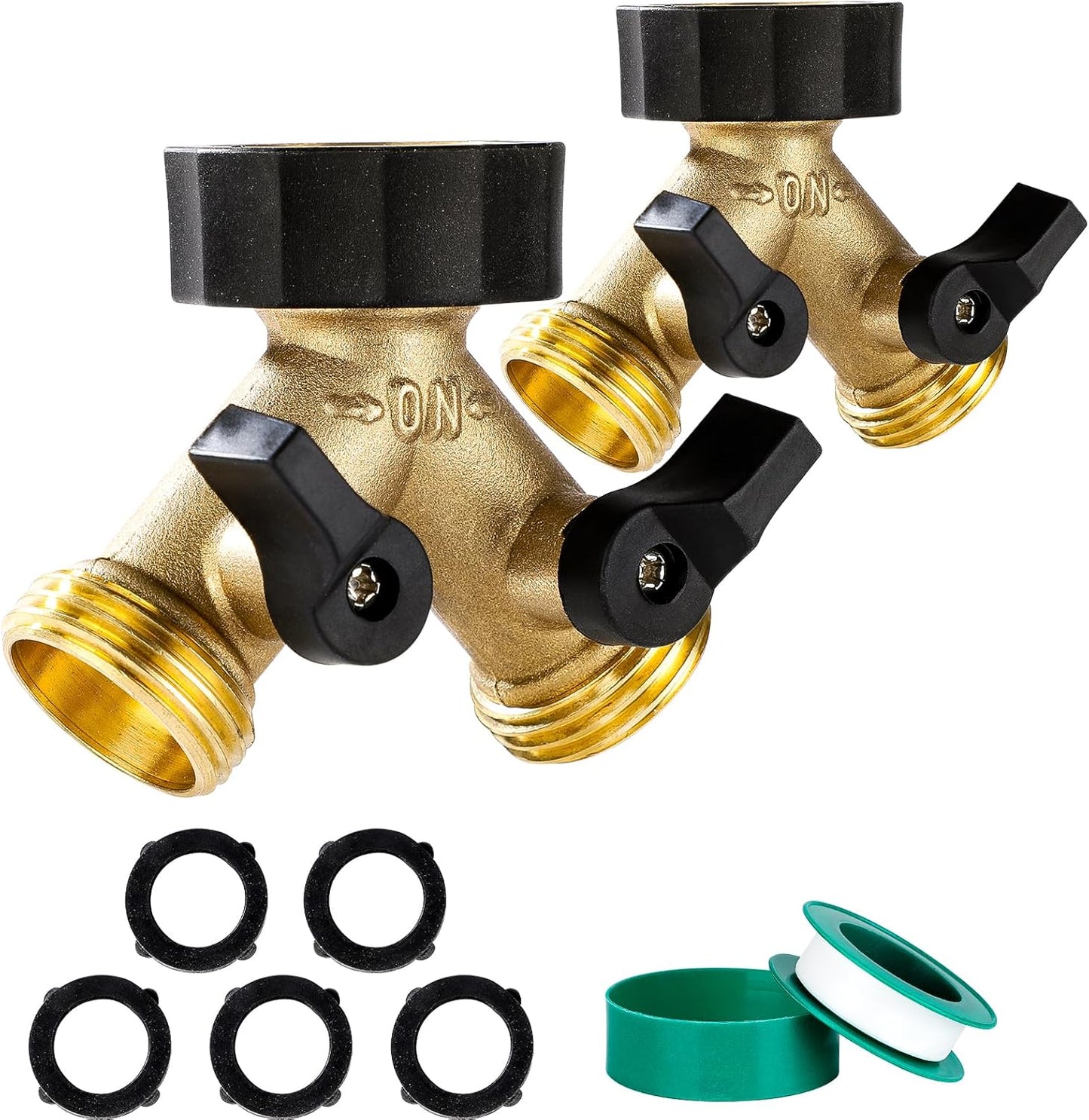 Brass Hose Splitter 2 Way, Heavy Duty Garden Hose Splitter with Shut Off Valves, Y Connector Hose Adapter, No Leak, Includes Washers & Teflon Tape –