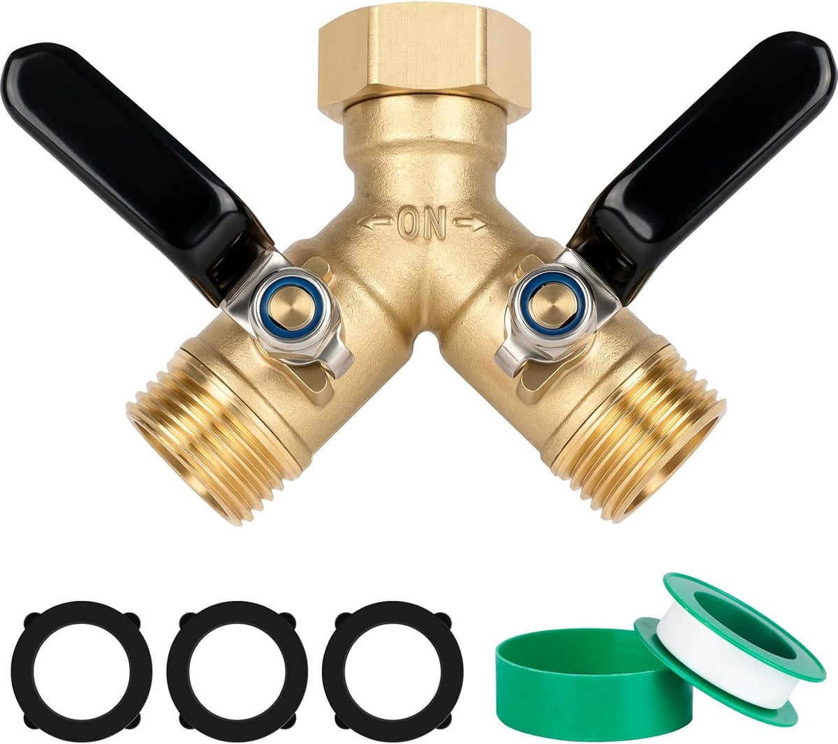 Brass Hose Splitter 2 Way, Heavy Duty Garden Hose Splitter with Shut Off Valves, Y Connector Hose Adapter, No Leak, Includes Washers & Teflon Tape –