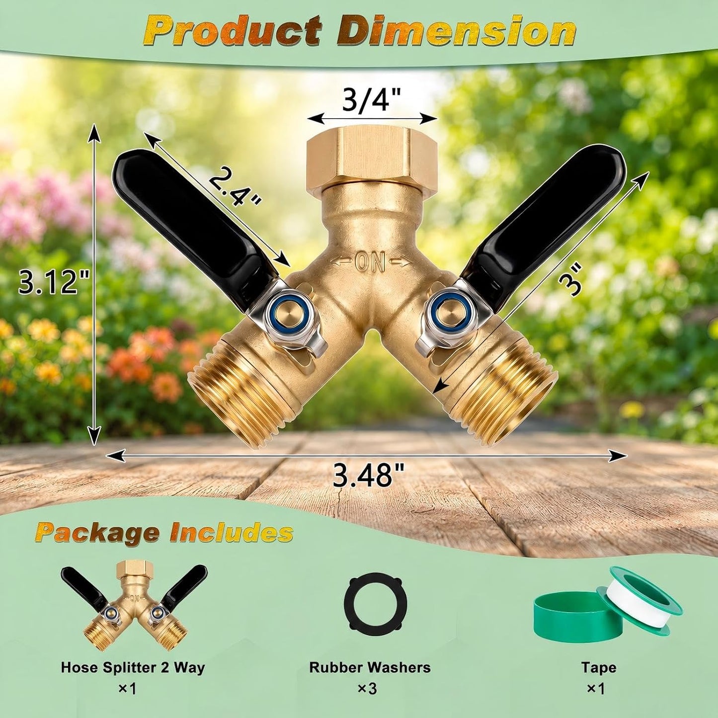 Brass Hose Splitter 2 Way, Heavy Duty Garden Hose Splitter with Shut Off Valves, Y Connector Hose Adapter, No Leak, Includes Washers & Teflon Tape –