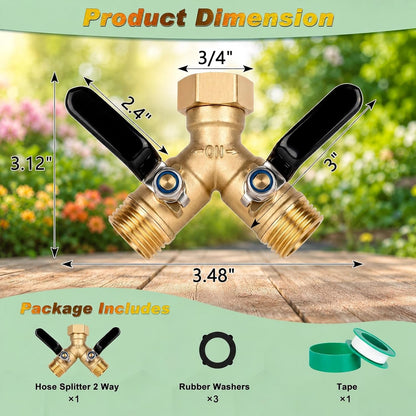 Brass Hose Splitter 2 Way, Heavy Duty Garden Hose Splitter with Shut Off Valves, Y Connector Hose Adapter, No Leak, Includes Washers & Teflon Tape –