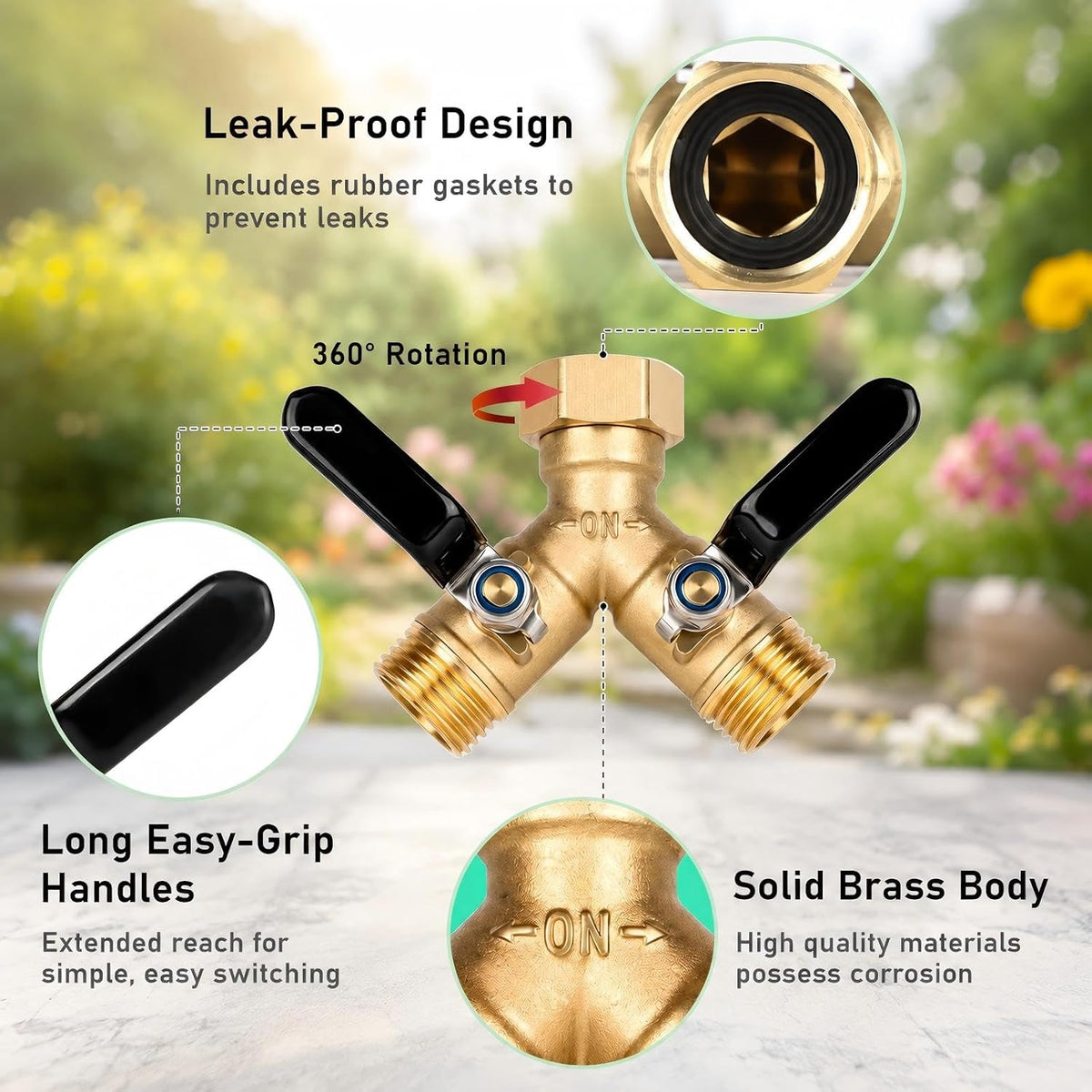 Brass Hose Splitter 2 Way, Heavy Duty Garden Hose Splitter with Shut Off Valves, Y Connector Hose Adapter, No Leak, Includes Washers & Teflon Tape –