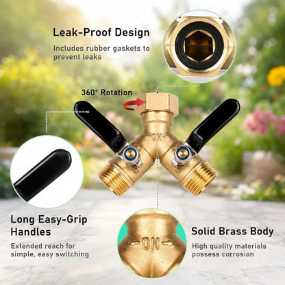 Brass Hose Splitter 2 Way, Heavy Duty Garden Hose Splitter with Shut Off Valves, Y Connector Hose Adapter, No Leak, Includes Washers & Teflon Tape –