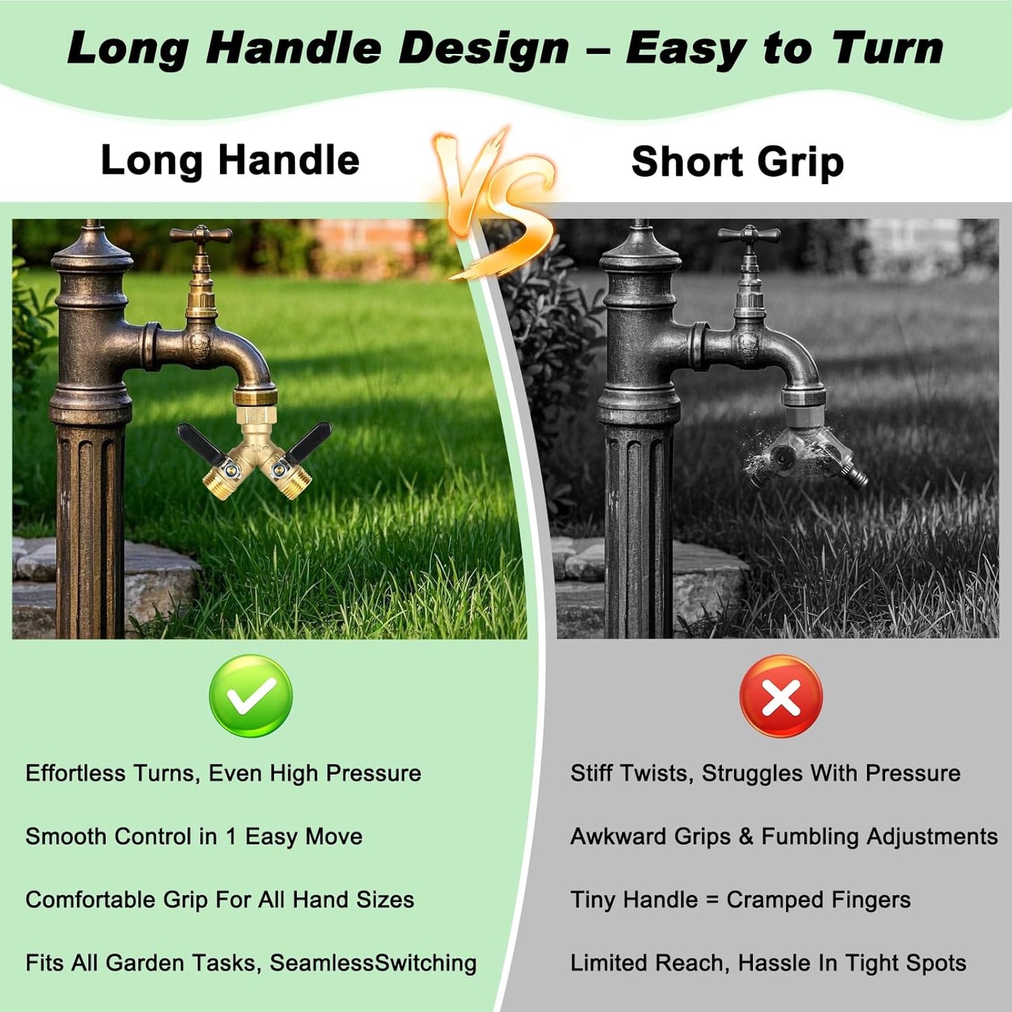 Brass Hose Splitter 2 Way, Heavy Duty Garden Hose Splitter with Shut Off Valves, Y Connector Hose Adapter, No Leak, Includes Washers & Teflon Tape –