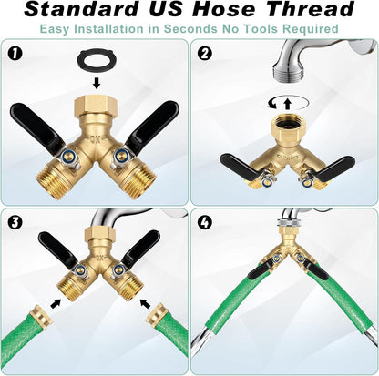 Brass Hose Splitter 2 Way, Heavy Duty Garden Hose Splitter with Shut Off Valves, Y Connector Hose Adapter, No Leak, Includes Washers & Teflon Tape –