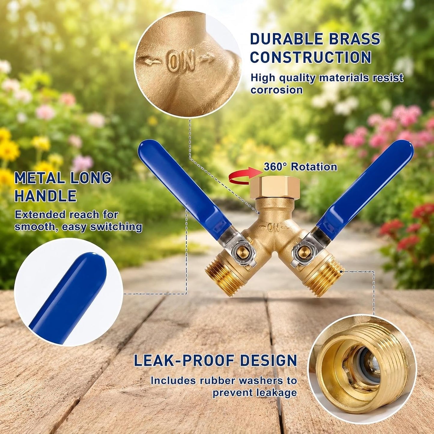 Brass Hose Splitter 2 Way, Heavy Duty Garden Hose Splitter with Shut Off Valves, Y Connector Hose Adapter, No Leak, Includes Washers & Teflon Tape –
