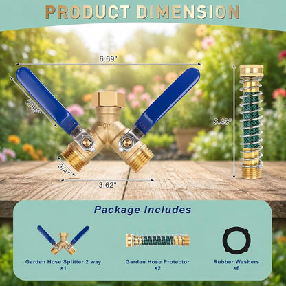 Brass Hose Splitter 2 Way, Heavy Duty Garden Hose Splitter with Shut Off Valves, Y Connector Hose Adapter, No Leak, Includes Washers & Teflon Tape –