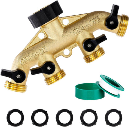 Brass Hose Splitter 2 Way, Heavy Duty Garden Hose Splitter with Shut Off Valves, Y Connector Hose Adapter, No Leak, Includes Washers & Teflon Tape –
