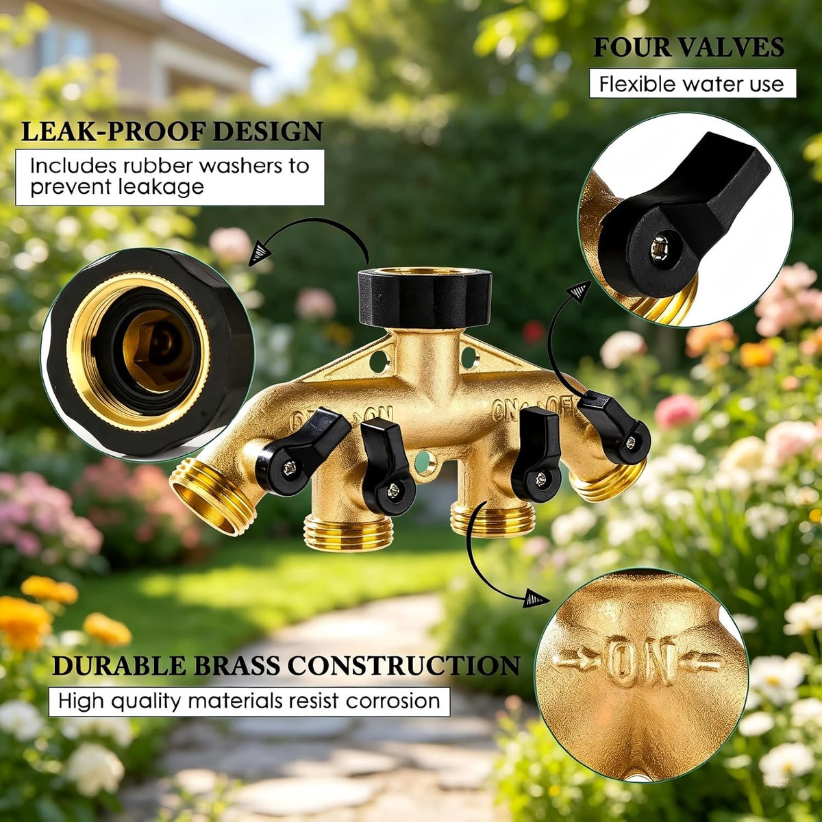 Brass Hose Splitter 2 Way, Heavy Duty Garden Hose Splitter with Shut Off Valves, Y Connector Hose Adapter, No Leak, Includes Washers & Teflon Tape –