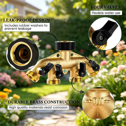 Brass Hose Splitter 2 Way, Heavy Duty Garden Hose Splitter with Shut Off Valves, Y Connector Hose Adapter, No Leak, Includes Washers & Teflon Tape –